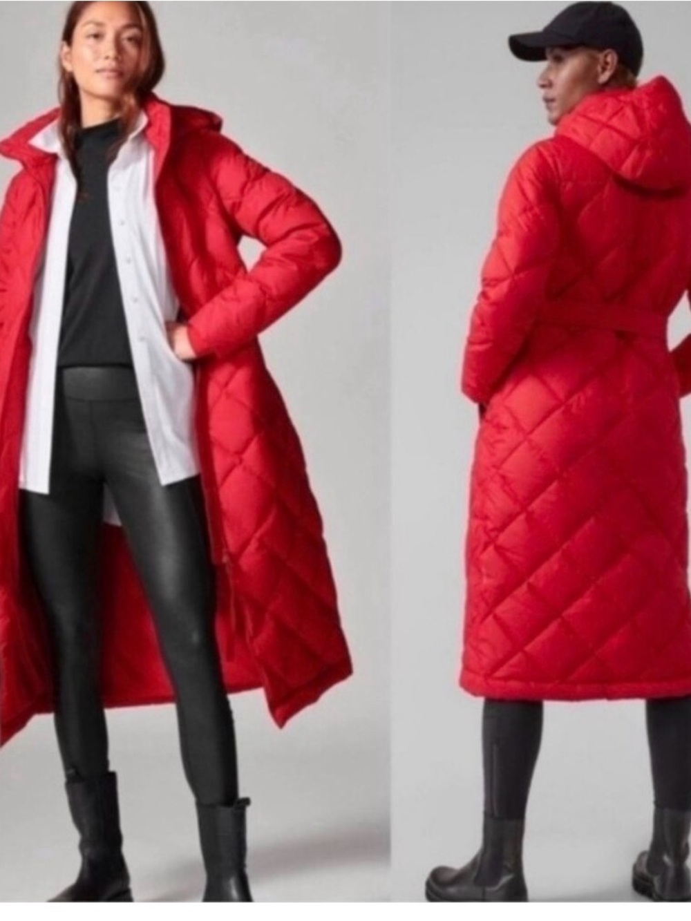 Athleta Long Hooded Quilted Puffer Coat in Red
